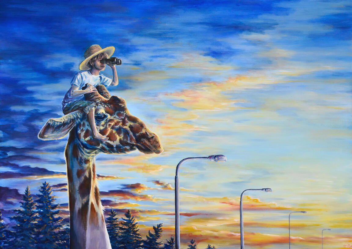 Oman auringonlaskunsa metsästäjä &quot;Hunter of his own sunset&quot; Oil on panel 50 x 70 cm, 2023