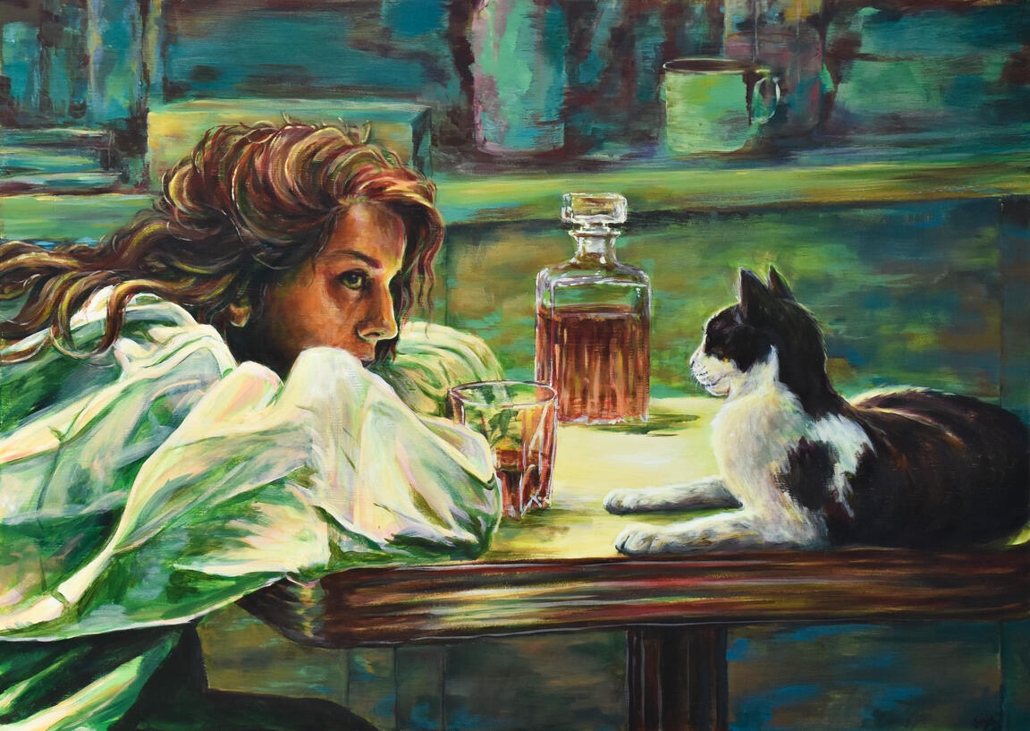 Kuuntelijani tyyni ja tuomitsematon &quot;My listener calm and non-judgmental&quot; Acrylic on panel 50 x 70 cm, 2023