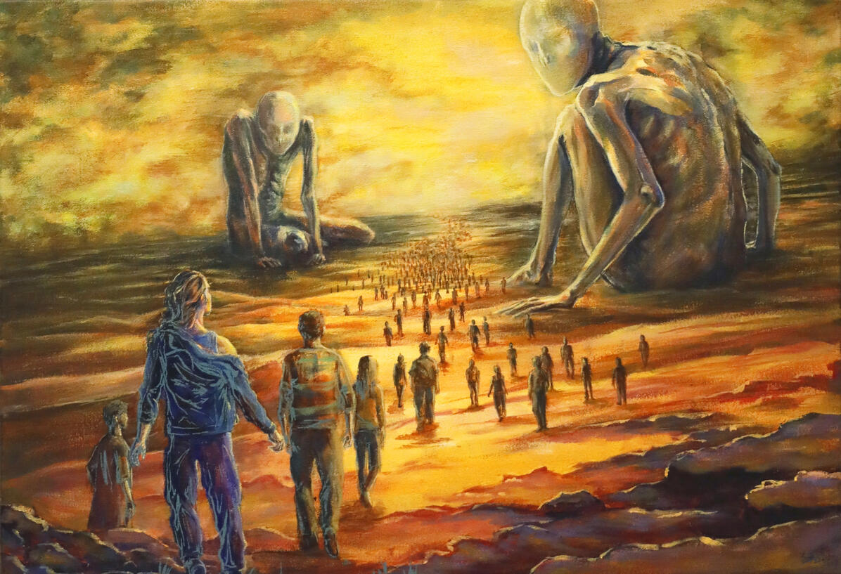 Sokea olen edessä huomisen "I am blind facing tomorrow" Acrylic and screen print on canvas 48 x 70 cm, 2023