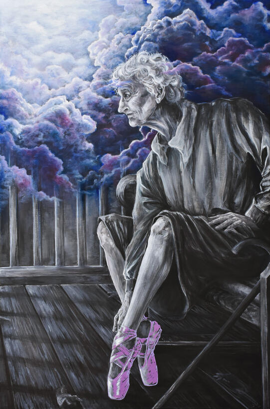 Viime yön uni, se tuntui kuin todelta "Last night's dream, it felt so real" Acrylic, screen print and oil on canvas 100 x 66 cm, 2023