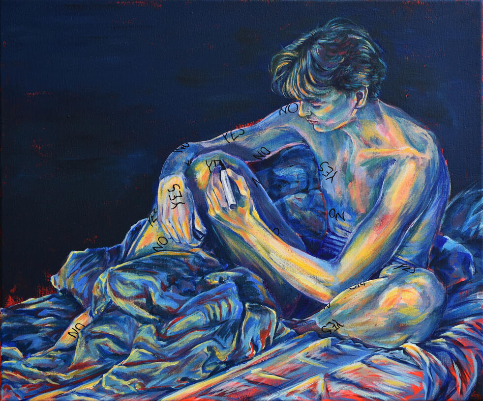 Plussat ja miinukset &quot;Pros and cons&quot; Acrylic paint and marker on canvas 50 x 60 cm, 2024