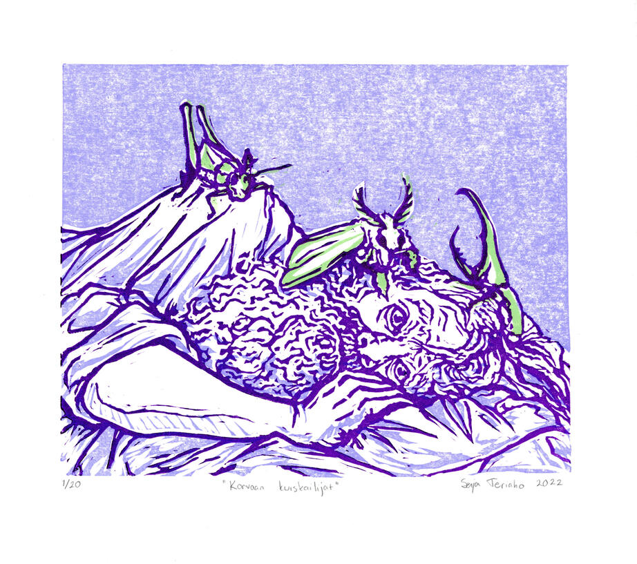 Korvaan kuiskailijat &quot;Ear whisperers&quot;\ Relief print 2022