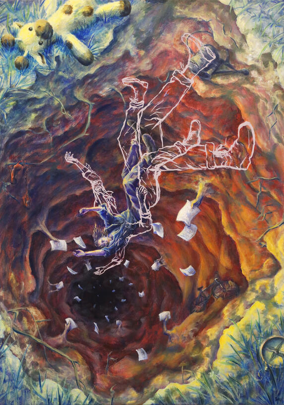 Kunnes en kuullutkaan enää tuttuja ääniä "Until I no longer heard familiar voices" Acrylic, oil and screen print on canvas 100 x 70 cm, 2023