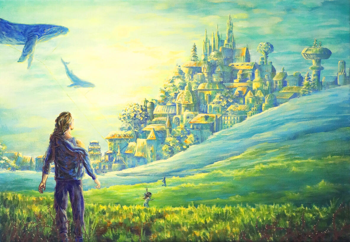 Huomisen edessä olen sokea "Facing tomorrow I am blind" Acrylic and screen print on canvas 48 x 70 cm, 2023