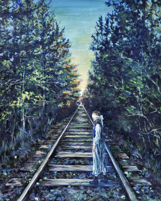 Epäröiden, haparoiden, kompastellen "Hesitantly, fumbling, stumbling" Oil and acrylic on panel 50 x 40 cm, 2022